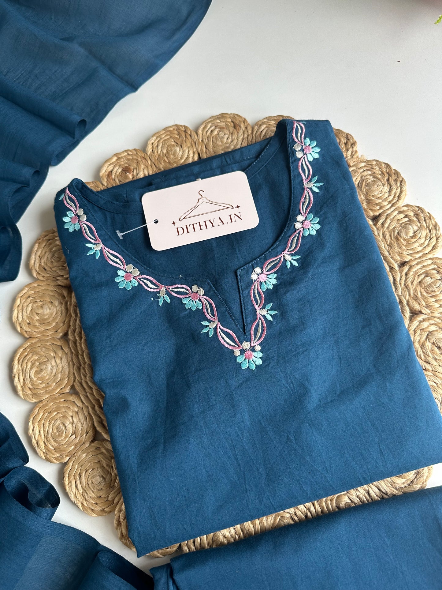 K198 - Mul cotton embroidered straight Kurti with pants and dupatta