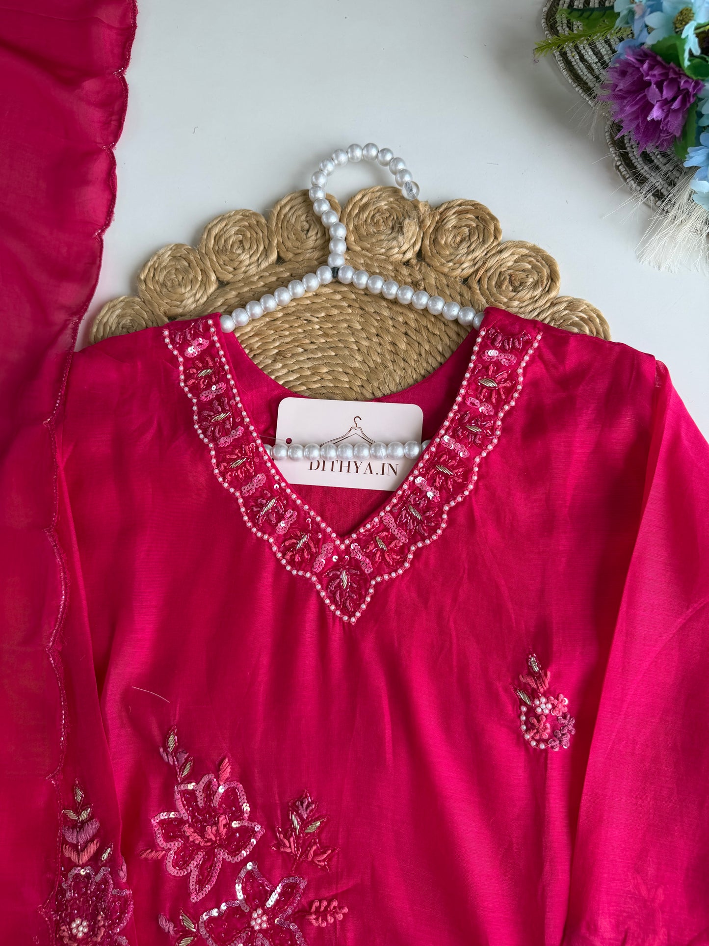 K610 - Mul chanderi handwork short Kurti with pants and dupatta