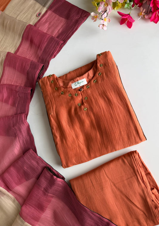 K730 - Mul chanderi multicolour coin work Aline Kurti with pants and dupatta