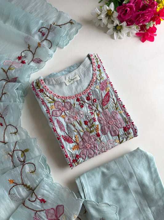 K464 - Mul chanderi embroidered straight Kurti with pants and dupatta