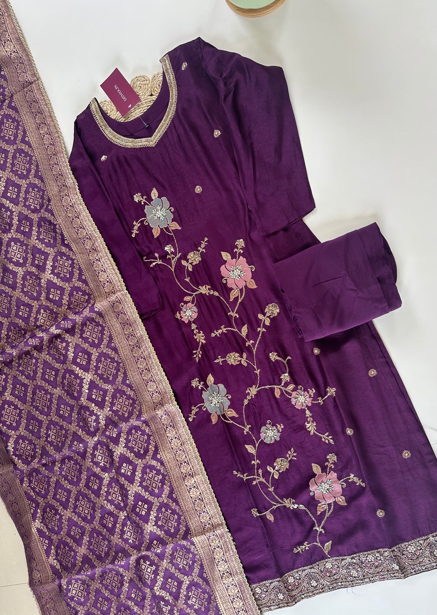 K019 - Dola silk zari work straight kurti with pants and Banarasi silk dupatta .