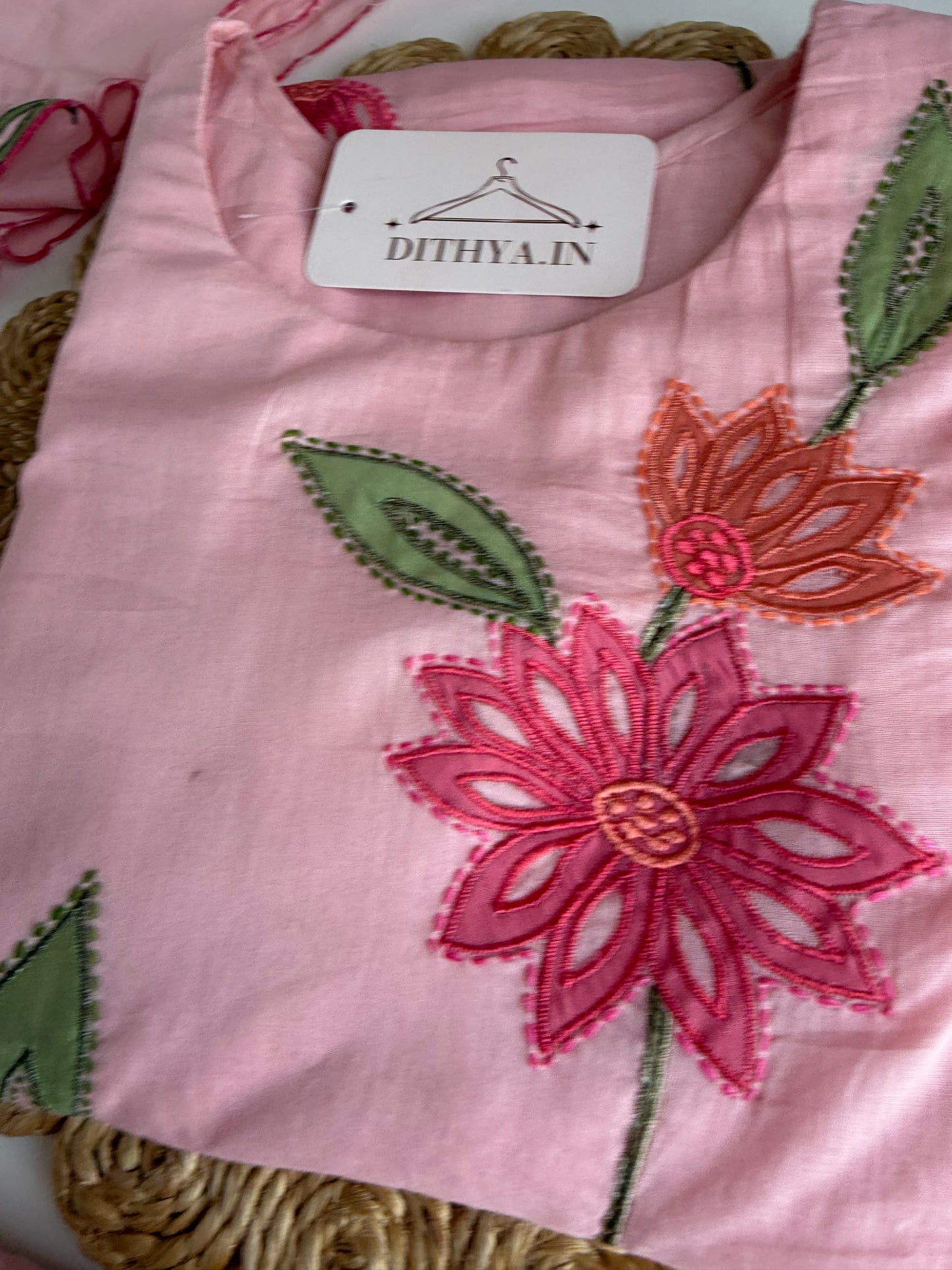 K732 - Mul cotton appliqué embroidered straight Kurti with pants and dupatta