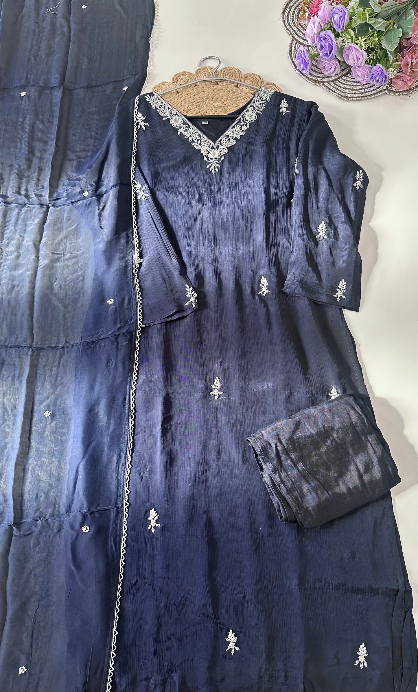 D041 - chinnon silk straight kurti with pants and dupatta