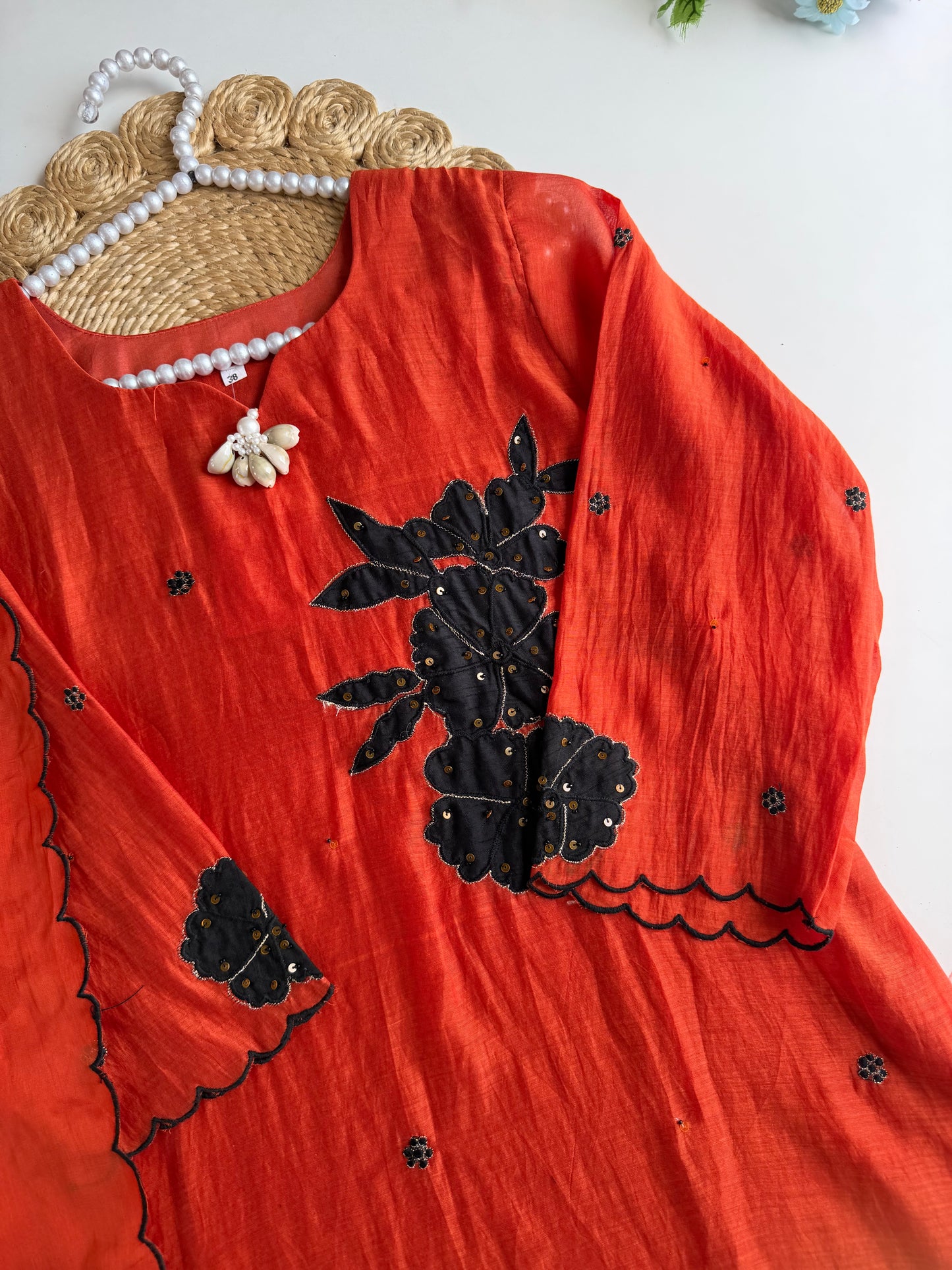 K391 - Mul chanderi handwork aline Kurti with pants and dupatta