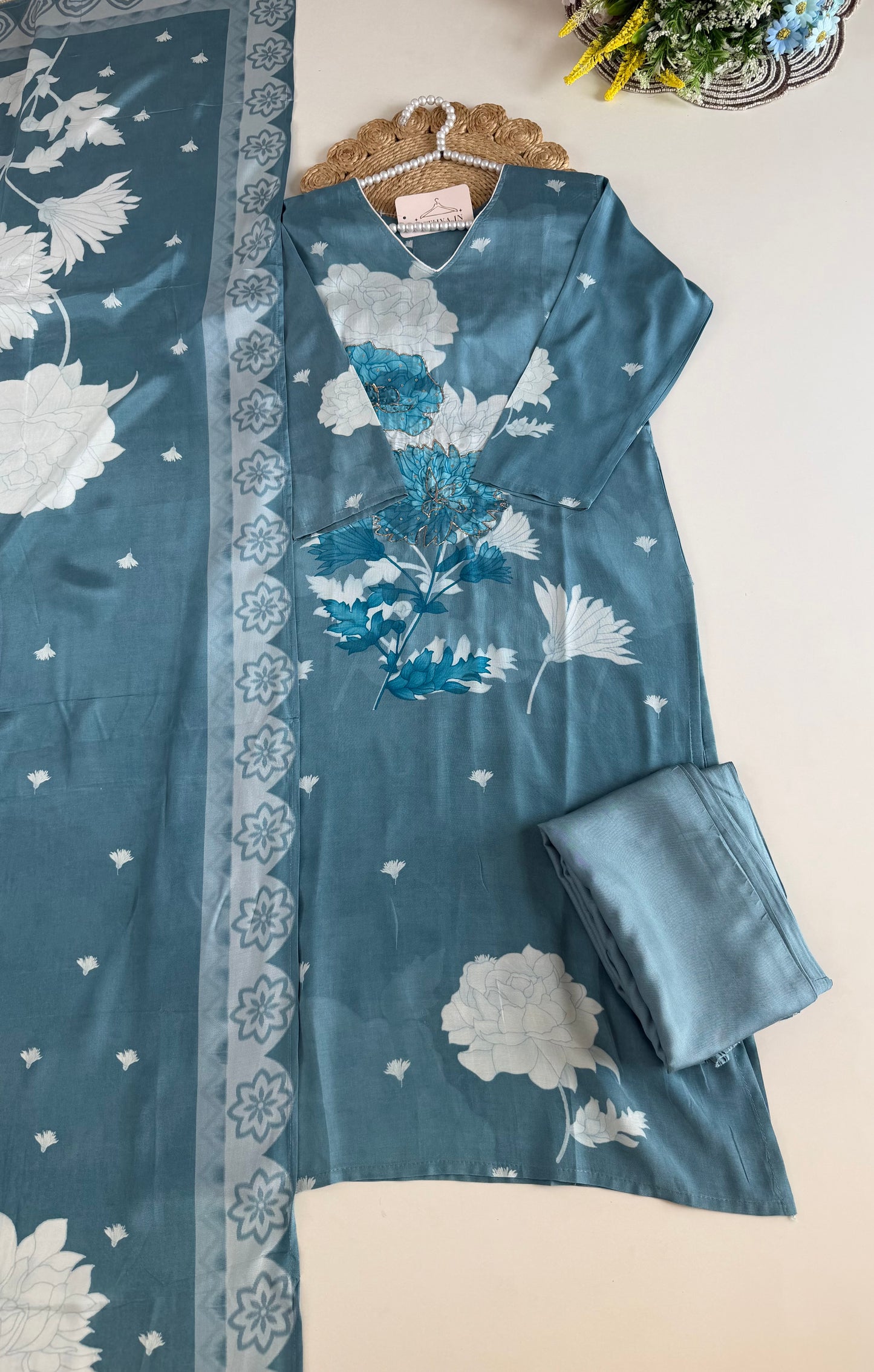 K664 - Muslin printed straight Kurti with pants and dupatta