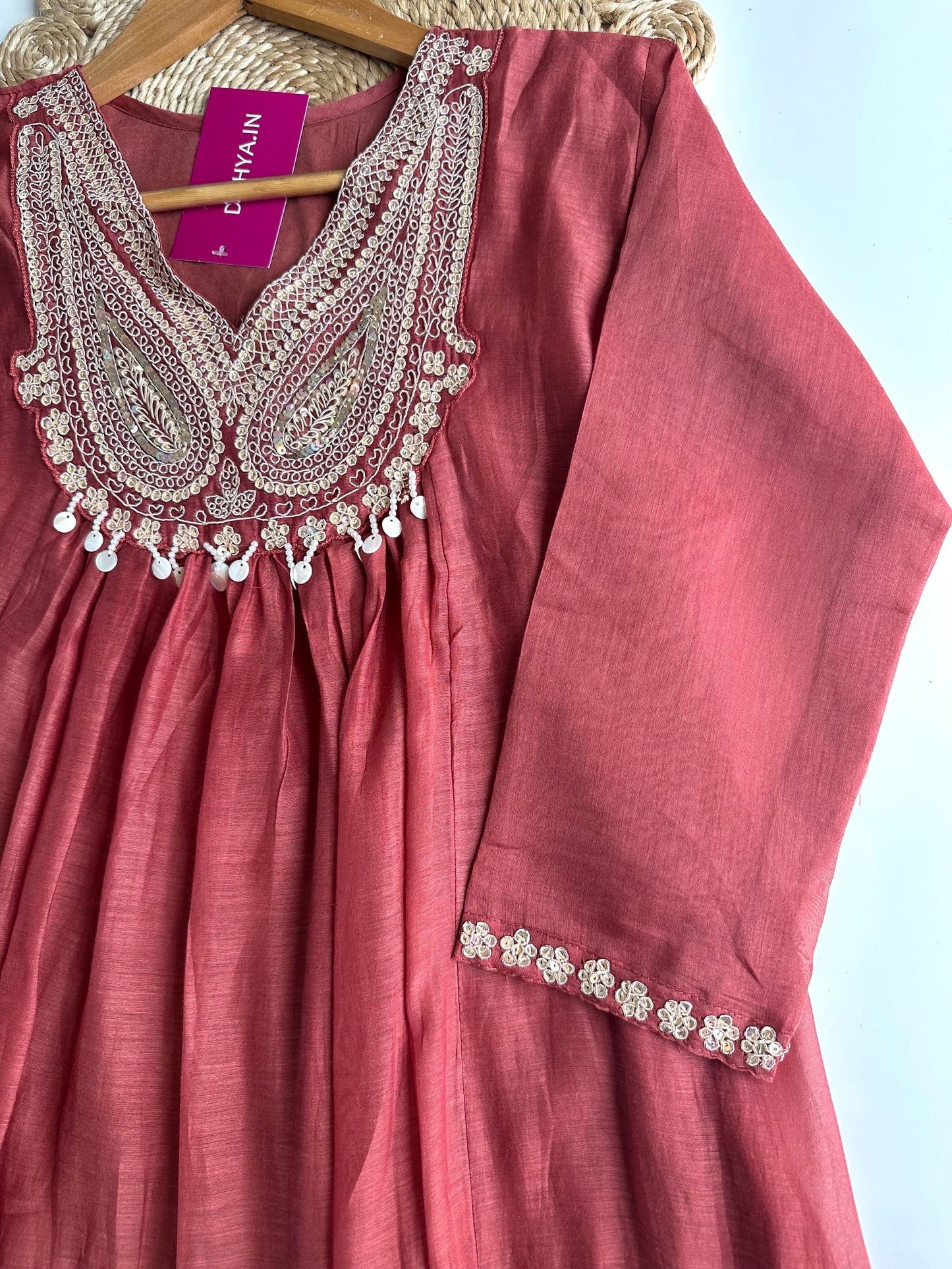 K093 - Mul Chanderi handwork Aline Kurti with pants and dupatta in 2 colours