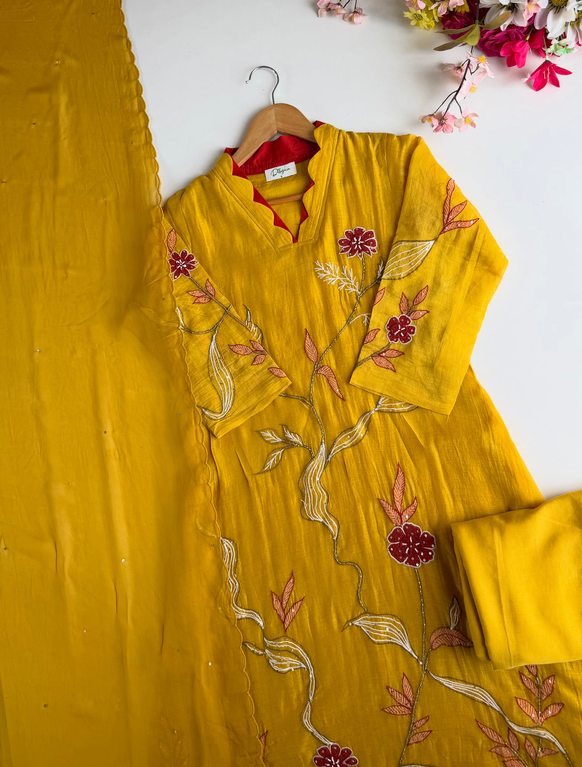 K453 - Mul chanderi appliqué embroidered Aline Kurti with pants and dupatta