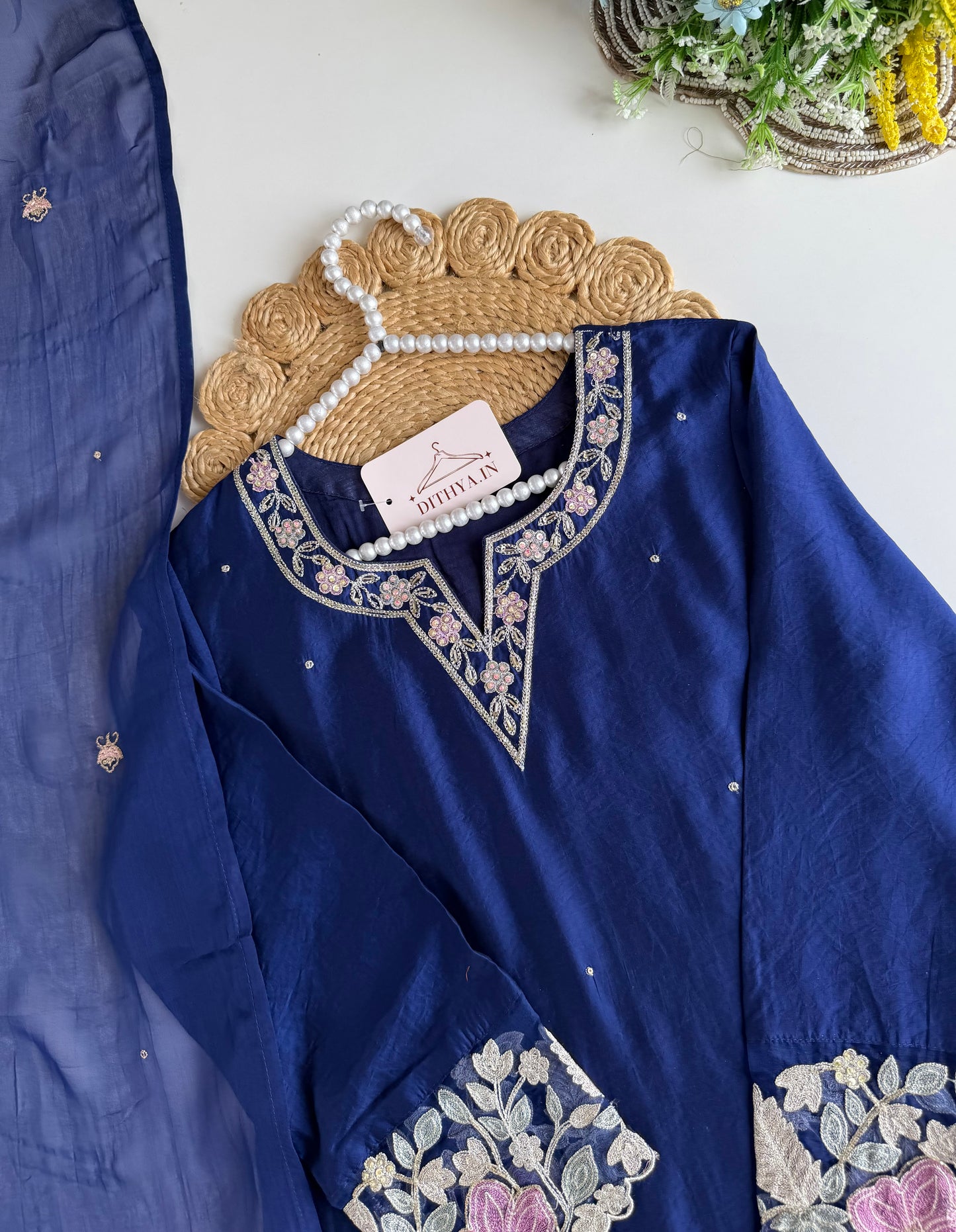 K679 - HO silk embroidered straight Kurti with pants and dupatta
