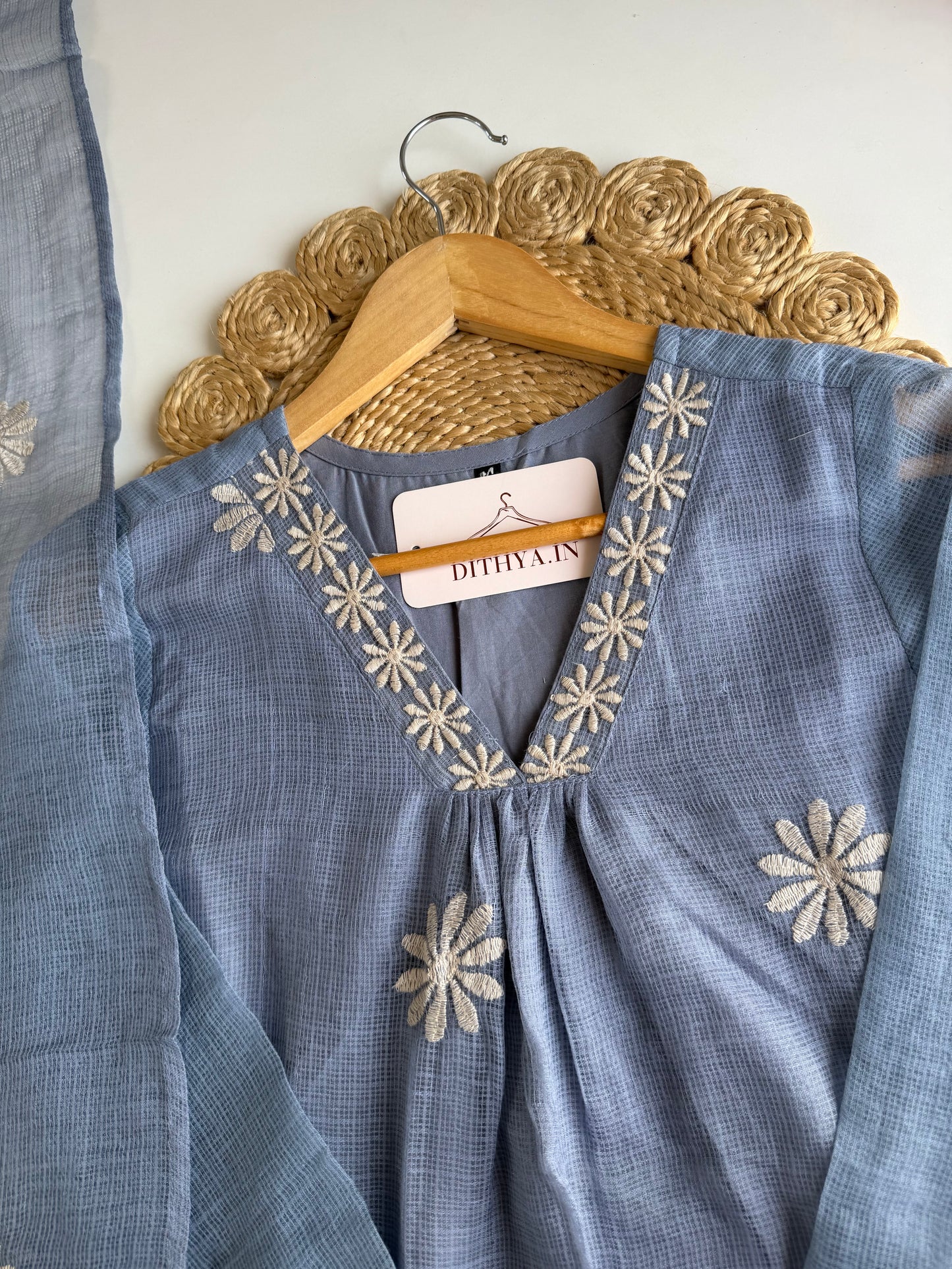 K713 - Kota doriya embroidered Aline Kurti with pants and dupatta
