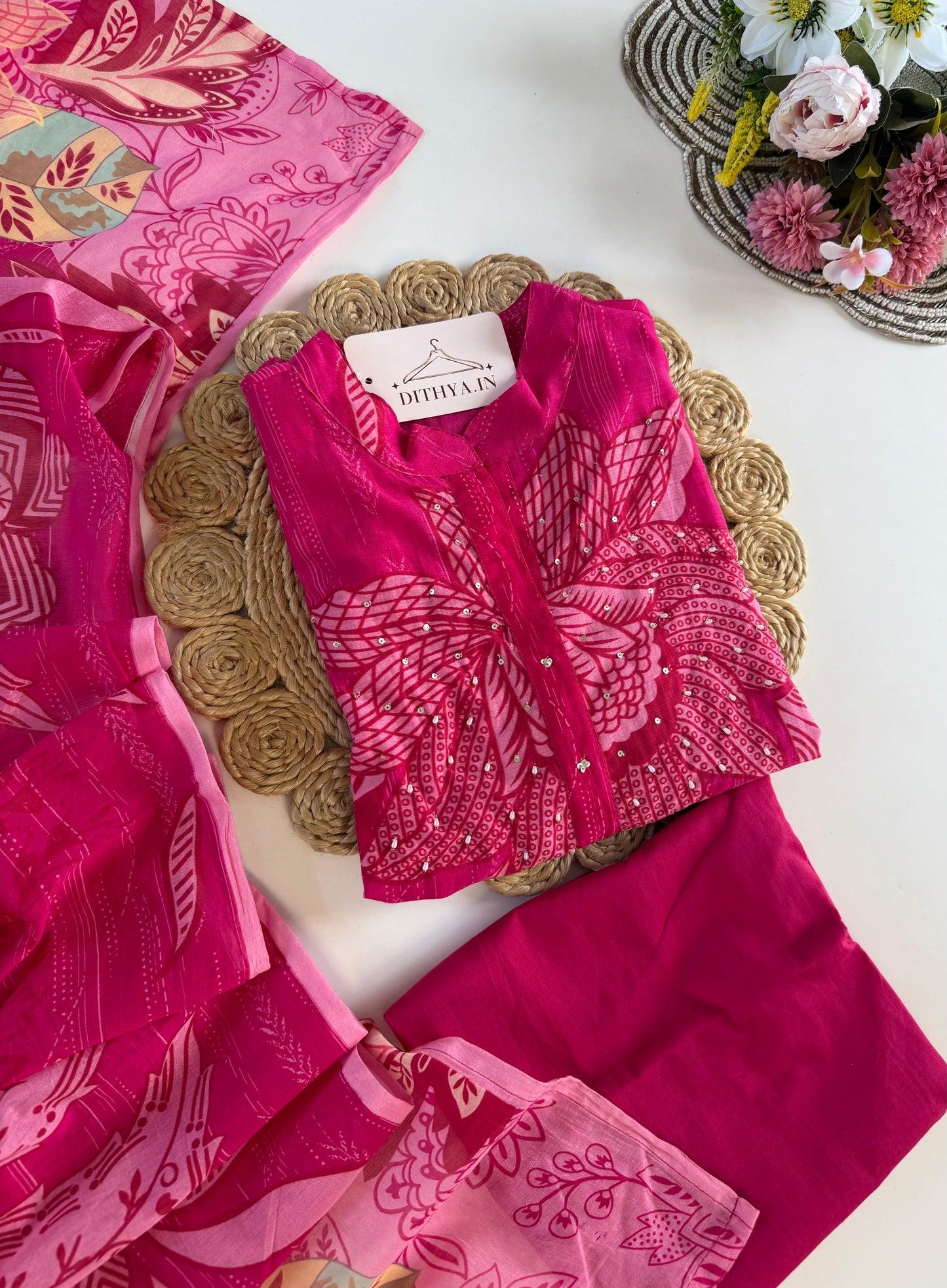 K623 - Mul cotton embroidered straight Kurti with pants and dupatta