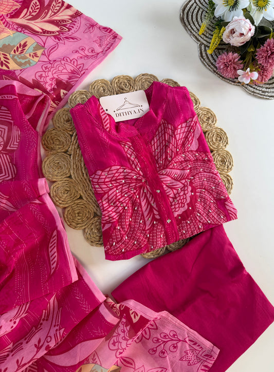 K623 - Mul cotton embroidered straight Kurti with pants and dupatta