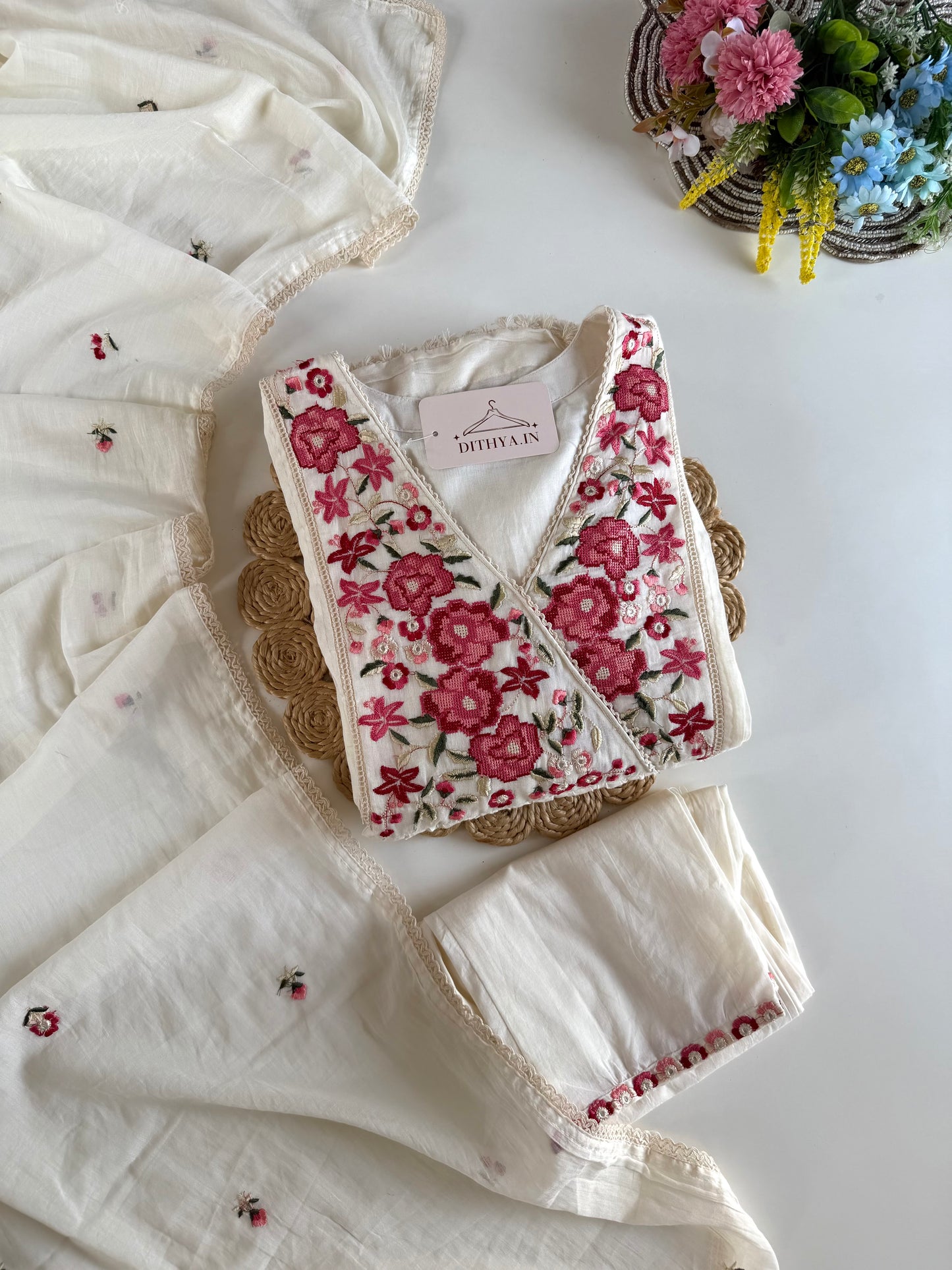 K476 - Mul Mul cotton embroidered Anarkali with pants and dupatta in 2 colours