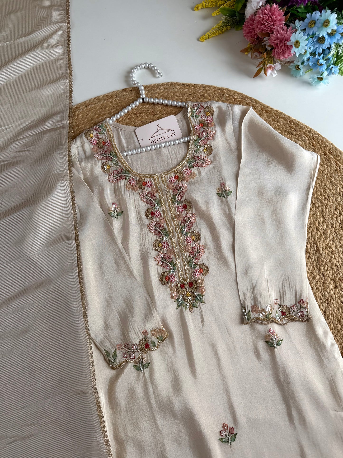 K681 - Tissue silk handwork straight Kurti with pants and dupatta