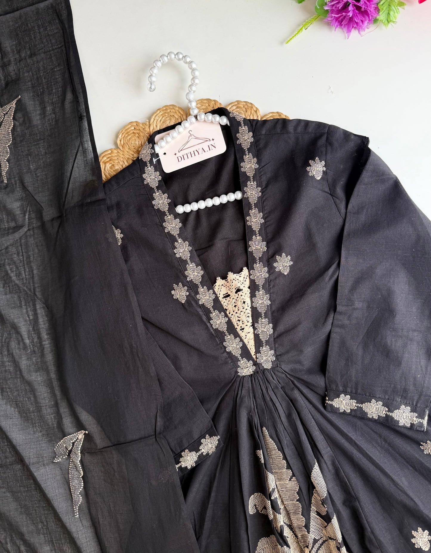 K032 - Mul cotton embroidered Anarkali with pants and dupatta