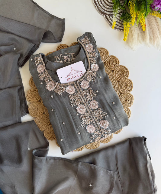 K282 - Chinnon heavy handwork Anarkali with pants and dupatta