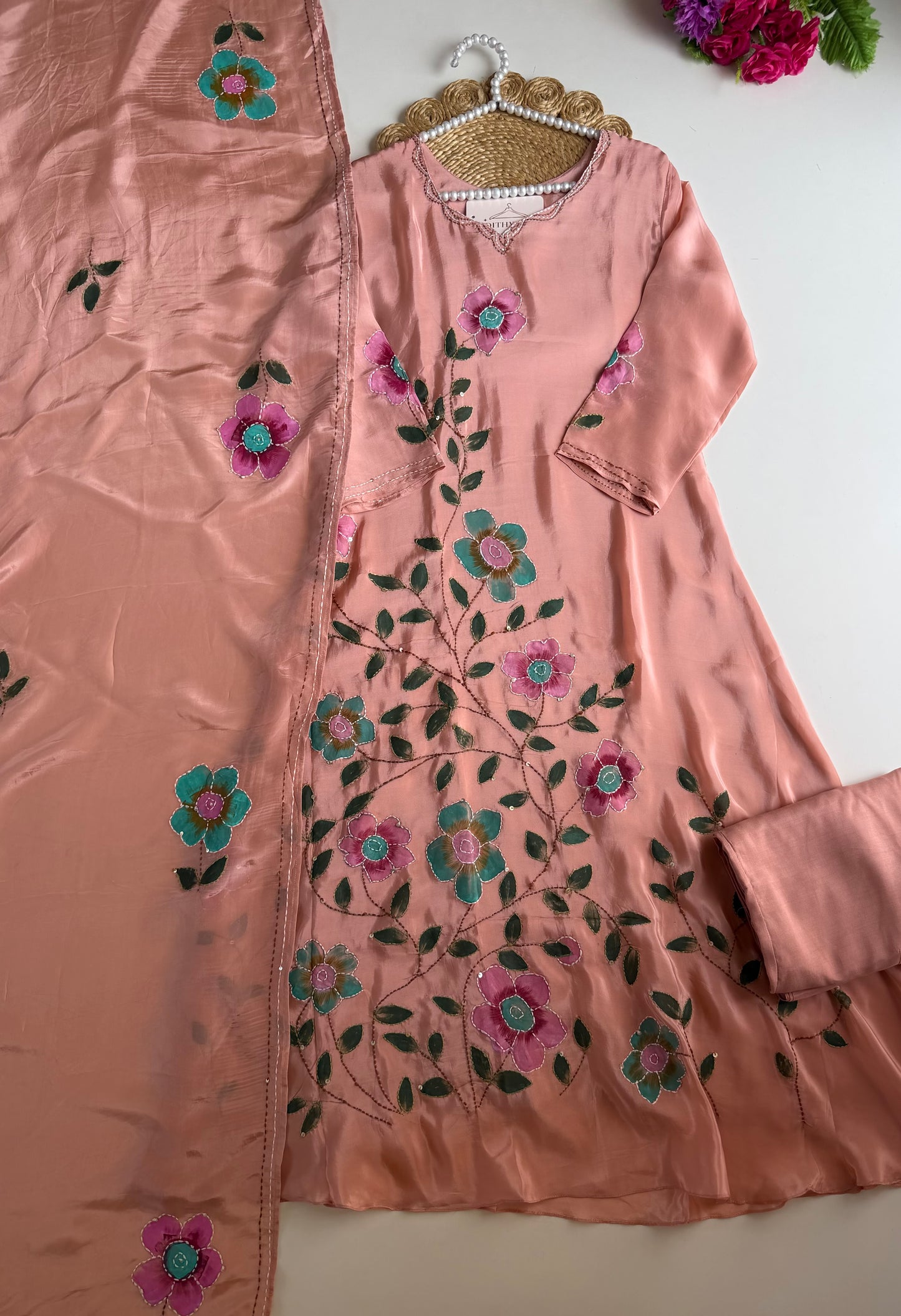 K120 - Pure crape hand painted embroidered Aline Kurti with pants and dupatta
