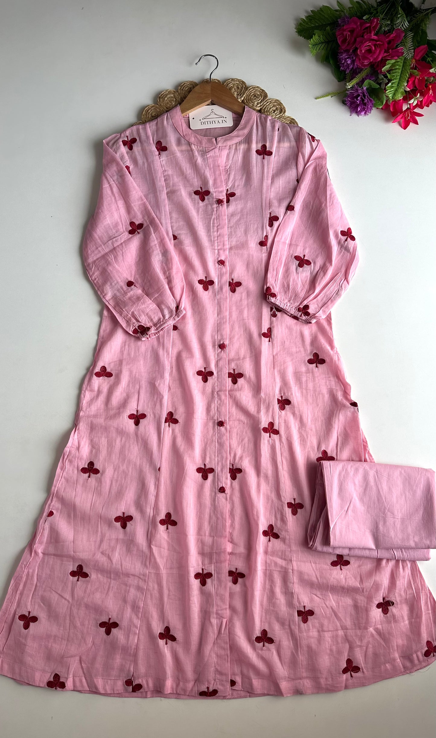 K473 - Mul cotton embroidered Aline Kurti with pants