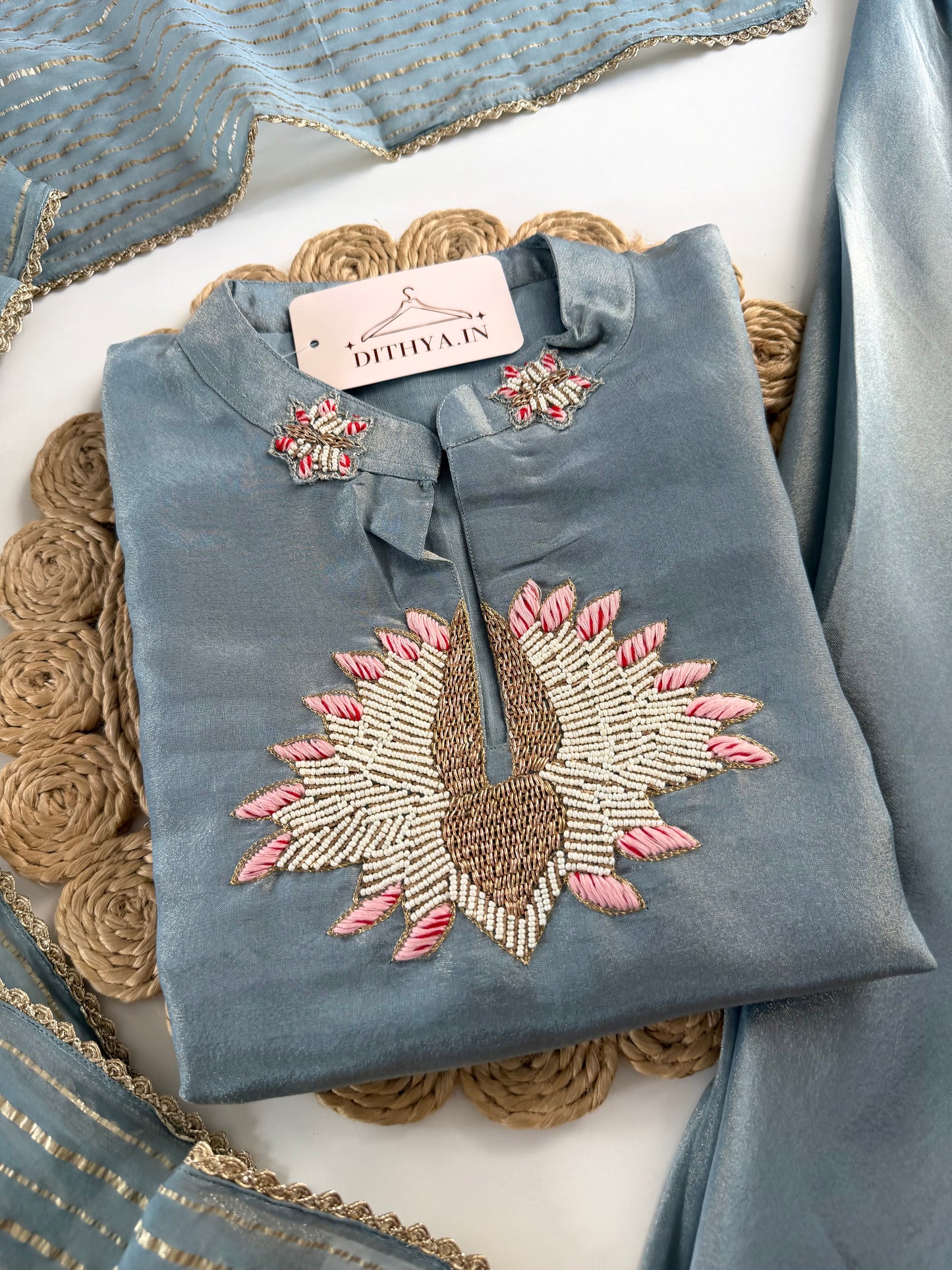 K229 - Tissue silk handwork short Kurti with divider pants and dupatta