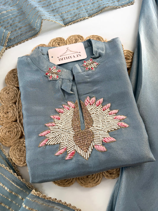 K229 - Tissue silk handwork short Kurti with divider pants and dupatta