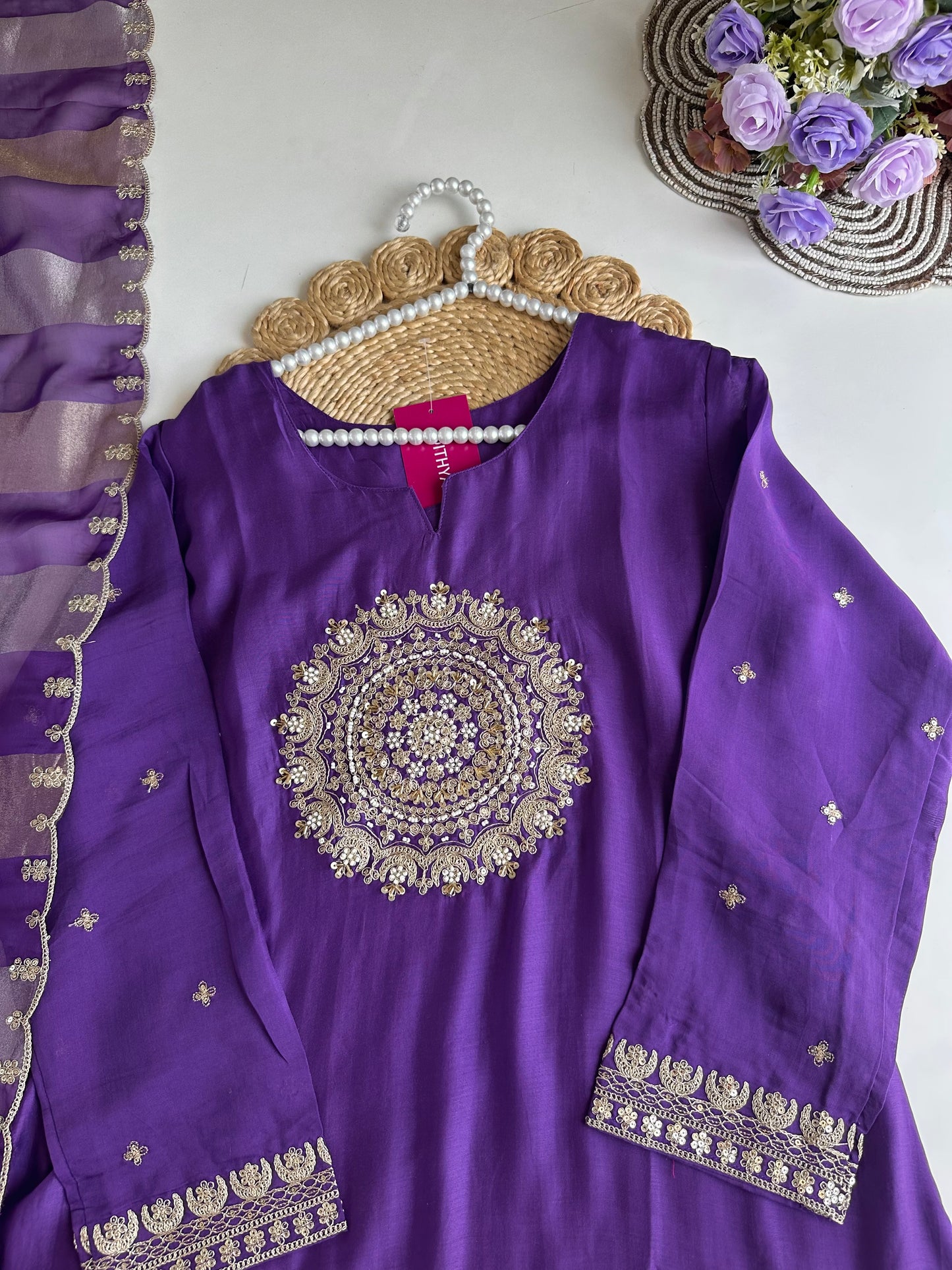 K115 - Russian silk handwork Aline Kurti with pants and dupatta
