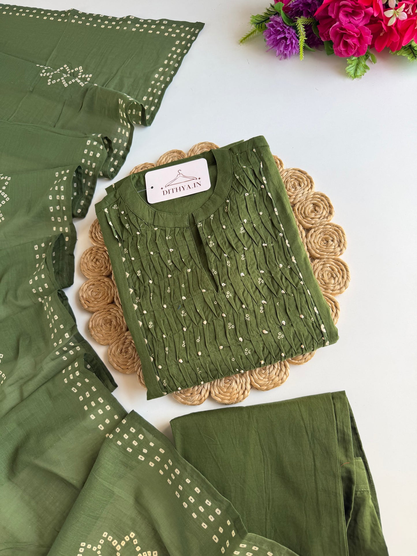 K273 - Mul cotton mirror work Anarkali with pants and dupatta in 4 colours