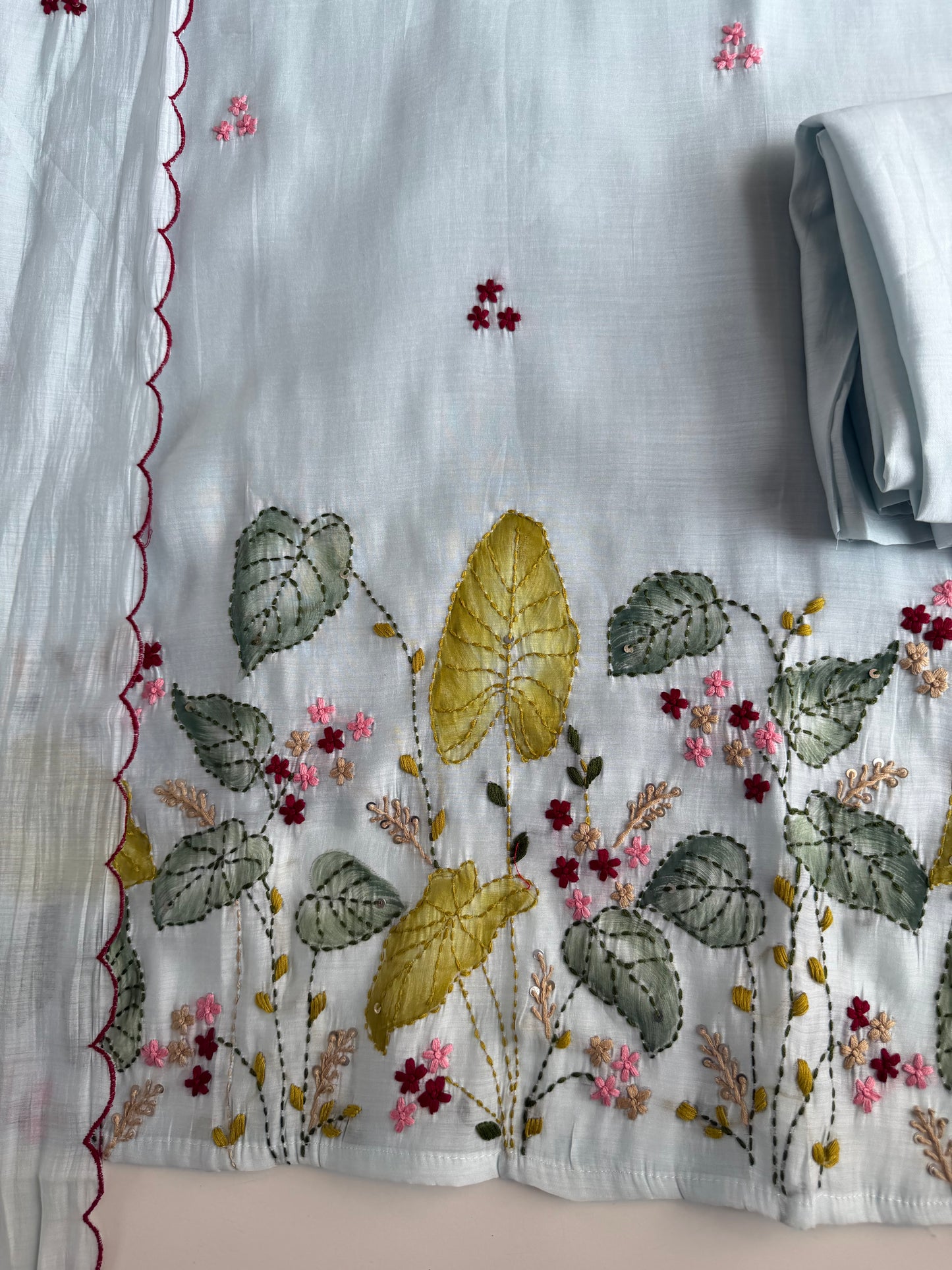 K516 - Surat Mul chanderi embroidered straight Kurti with pants and dupatta in 2 colours