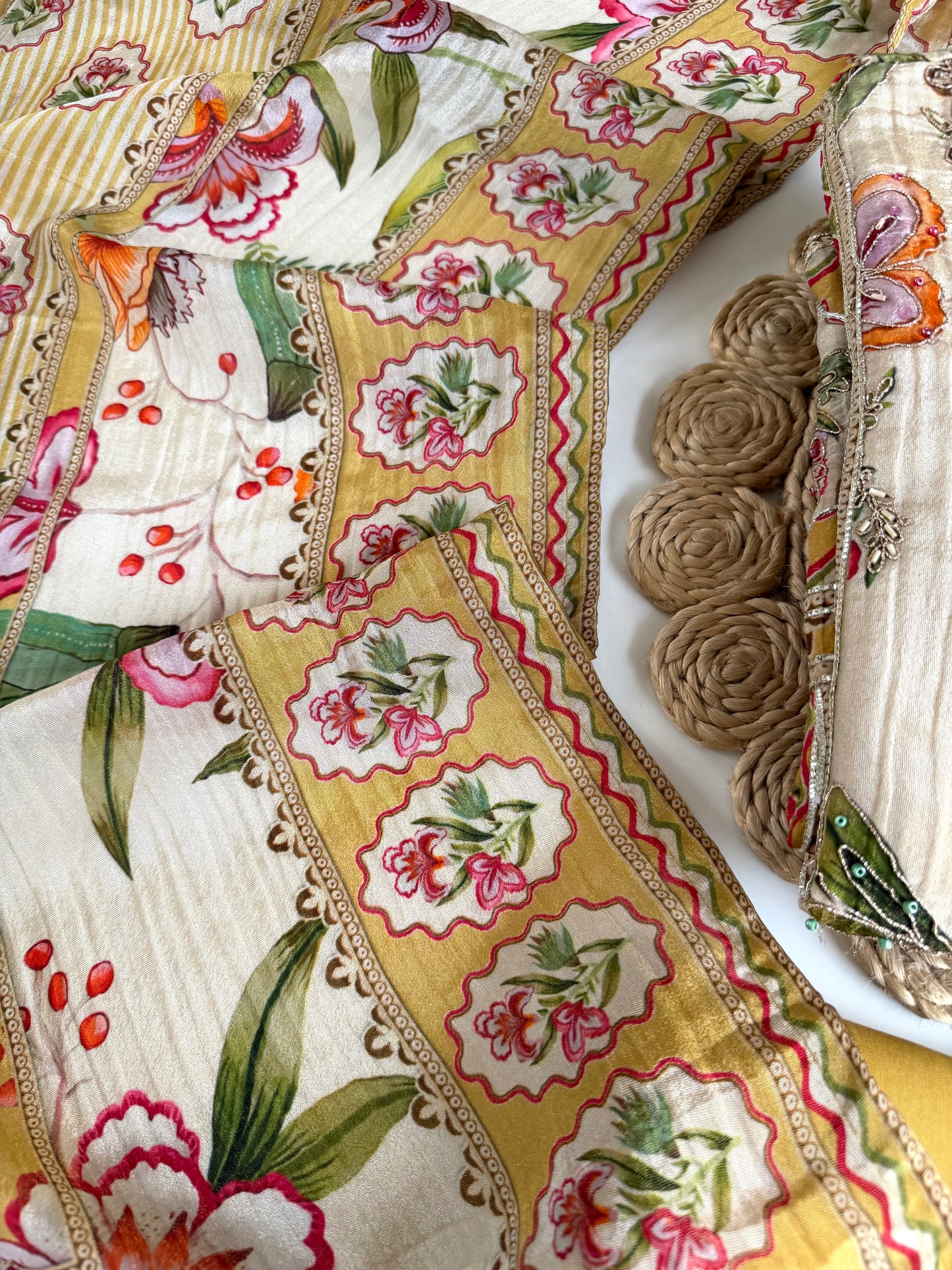 K645-Crush tissue silk handwork Aline Kurti with pants and dupatta