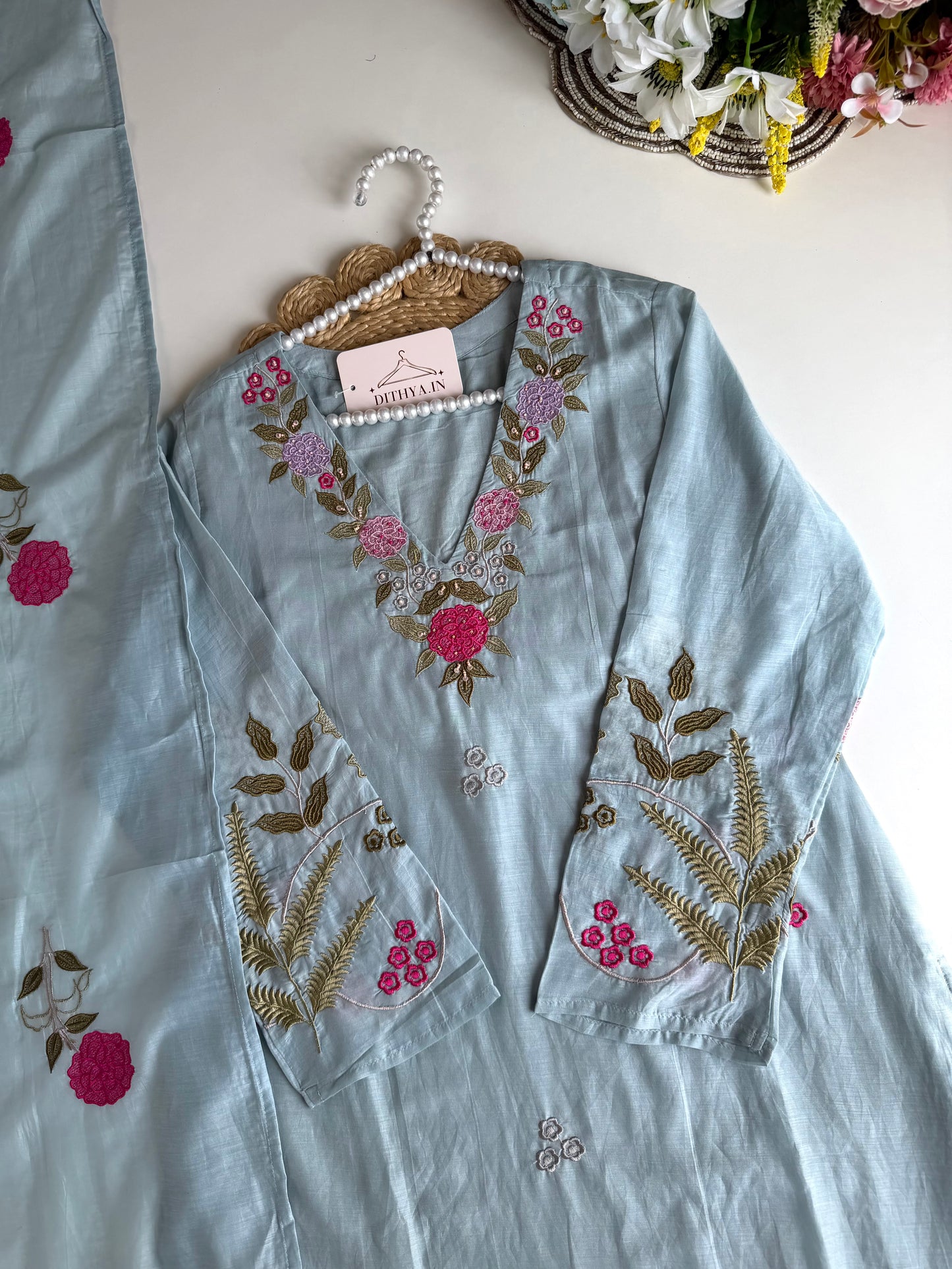 K090 - Mul chanderi appliqué work Anarkali with pants and dupatta