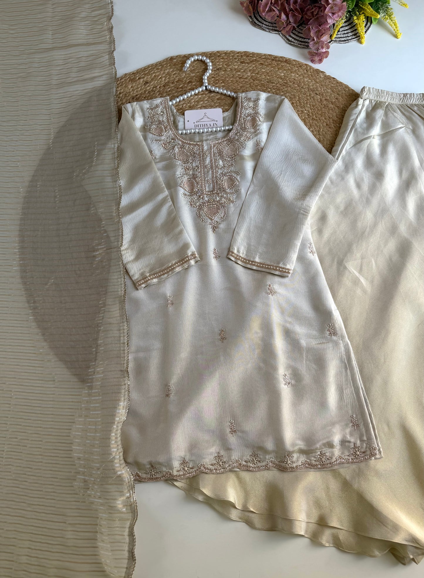 K157 - Tissue silk handwork short Kurti with divider pants and dupatta