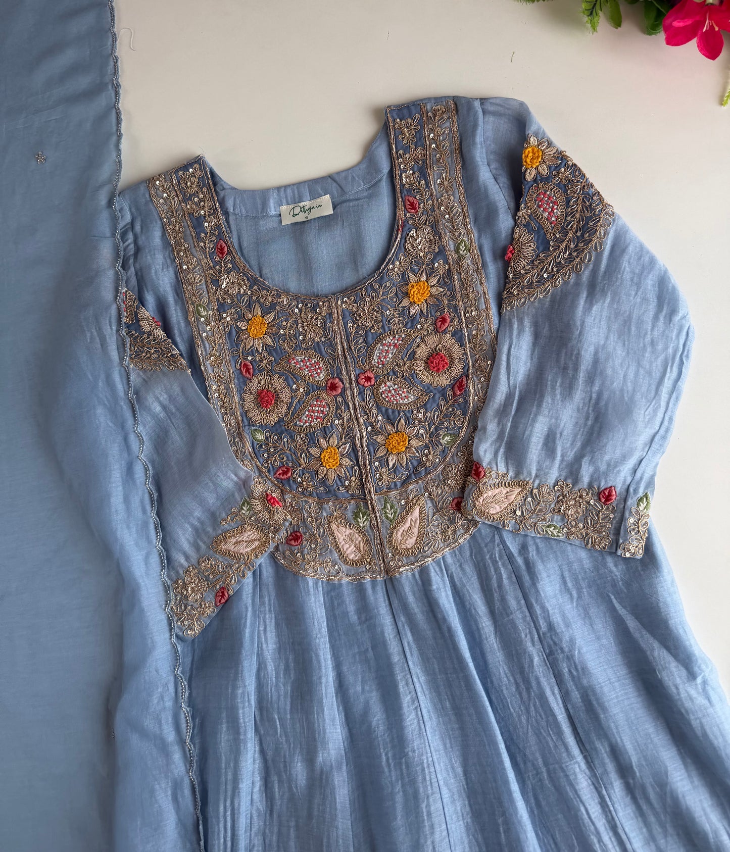 K424 - Mul chanderi heavy handwork Anarkali with pants and dupatta in 2 colours