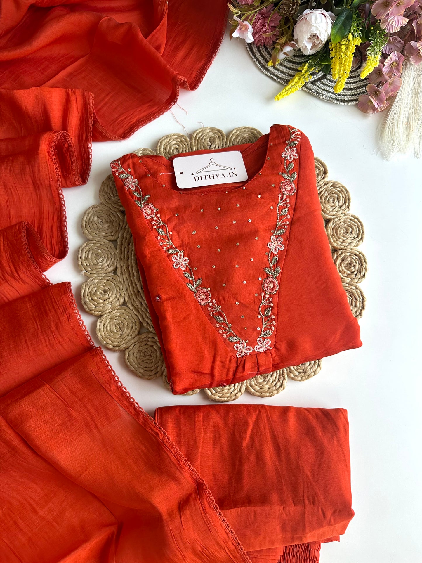 K466-Chanderi cotton Aline Kurti with pants and dupatta