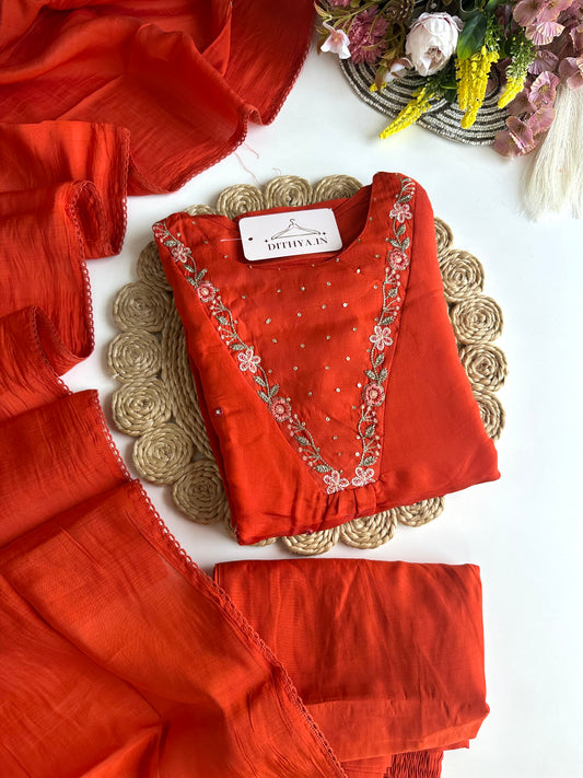 K466-Chanderi cotton Aline Kurti with pants and dupatta