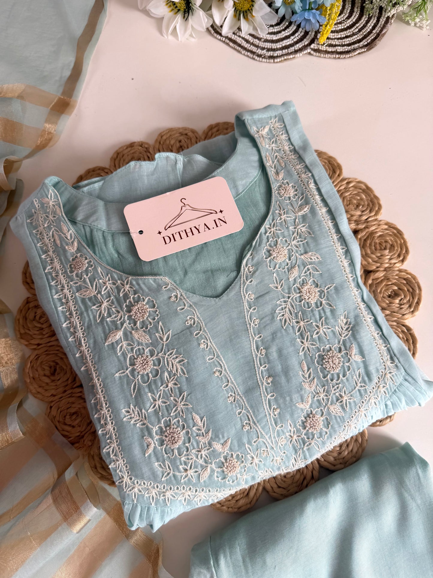 K638 - Mul chanderi embroidered Anarkali with pants and dupatta