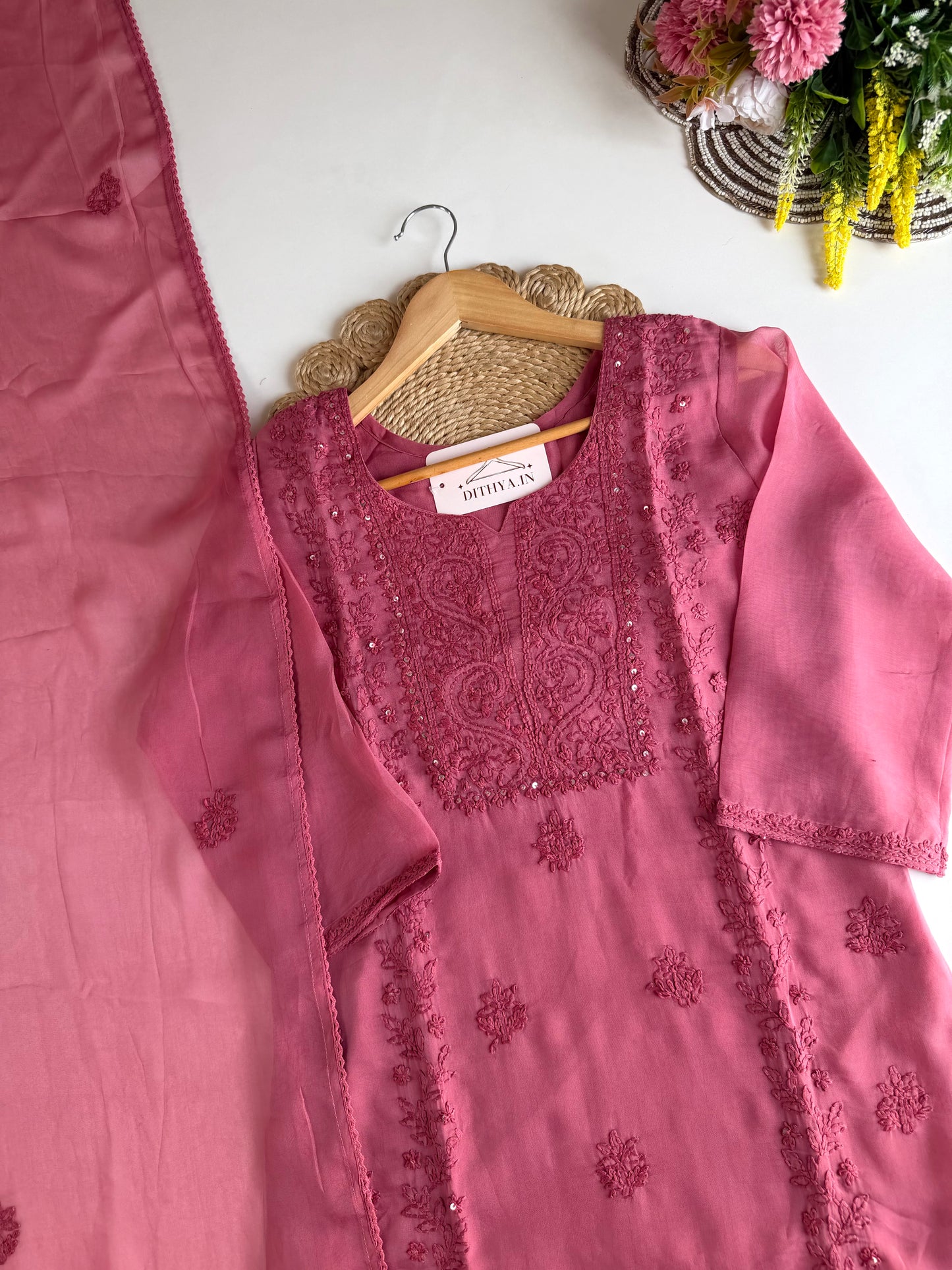 K654 - Viscose organza embroidered straight Kurti with pants and dupatta