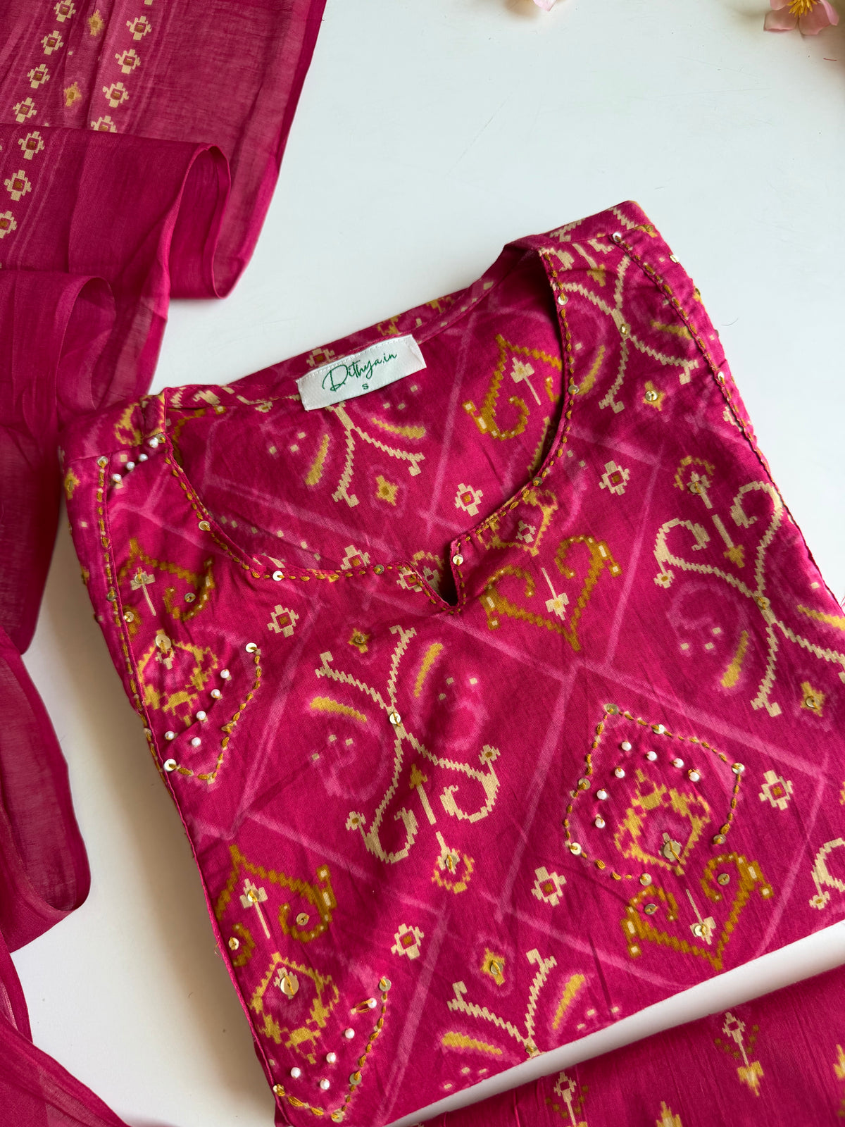 K728 - Mul cotton ikkat print embroidered Aline Kurti with pants and dupatta