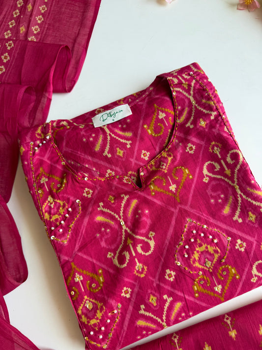 K728 - Mul cotton ikkat print embroidered Aline Kurti with pants and dupatta