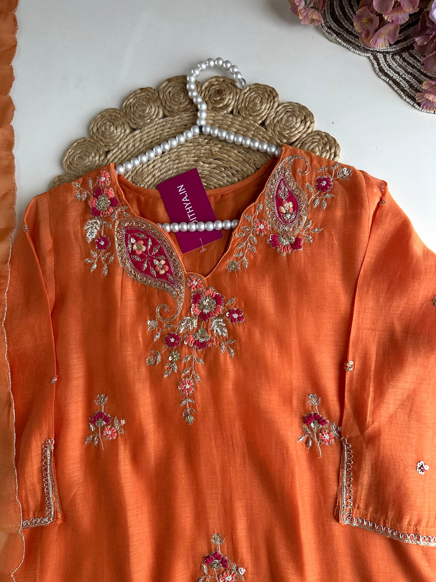 K005 - Mul Chanderi Handwork Aline Kurti with pants and dupatta in 2 colours