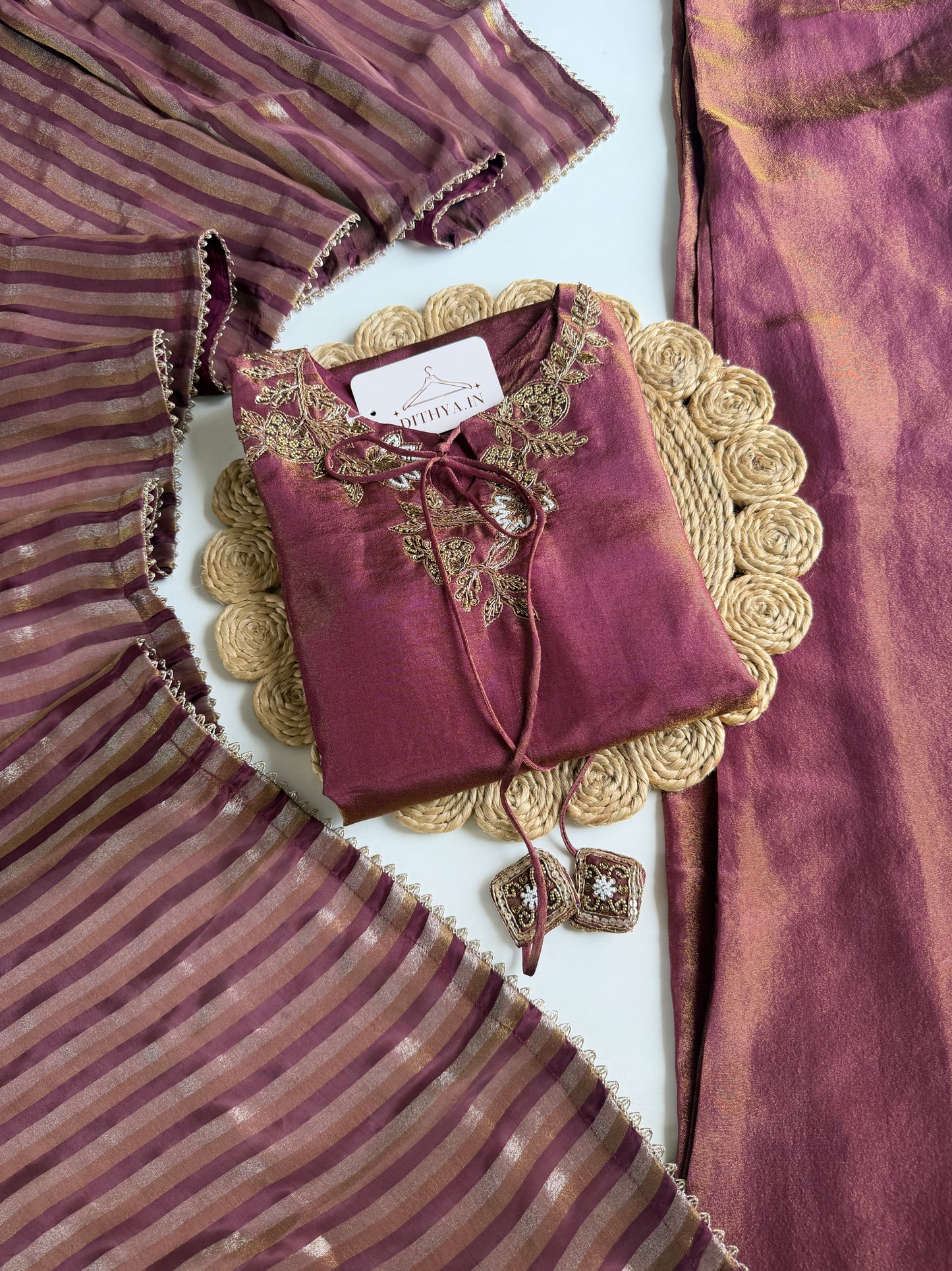 K357 - Shimmer tissue silk handwork short Kurti with divider pants and dupatta