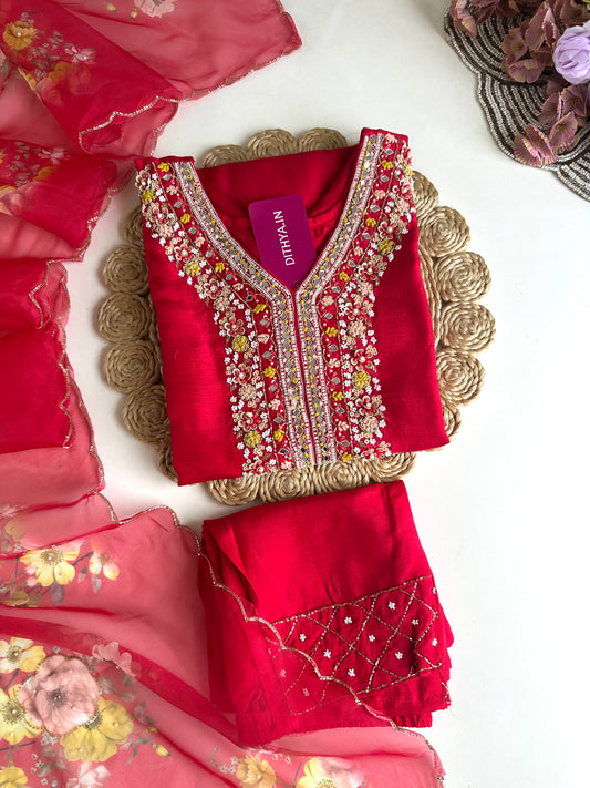K018 - Russian silk handwork straight Kurti with pants and dupatta
