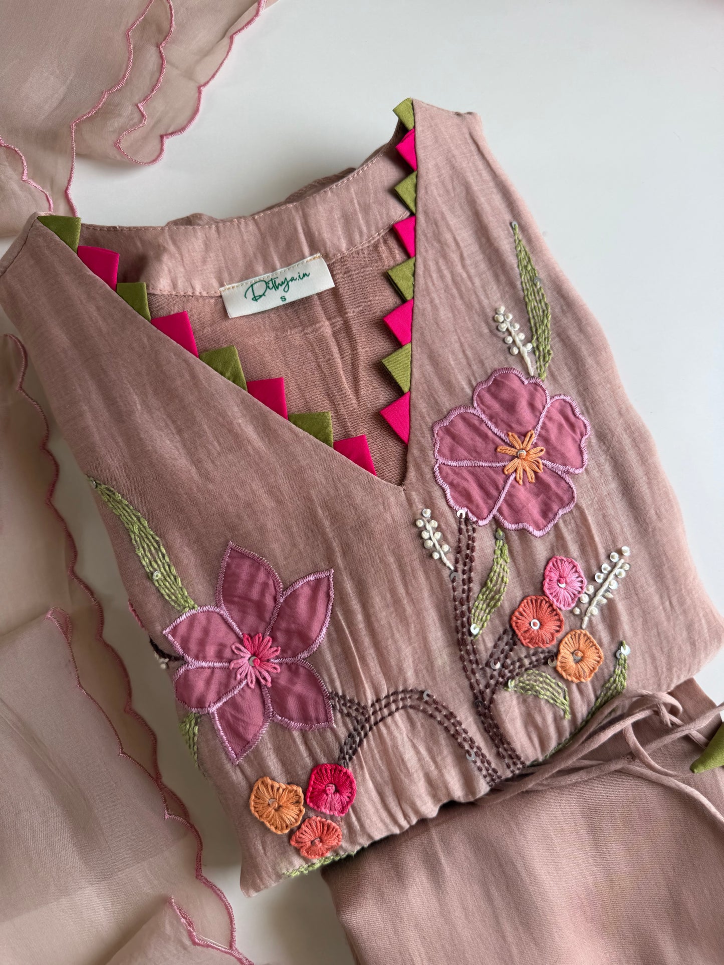 K701 - Mul chanderi embroidered Aline Kurti with pants and dupatta