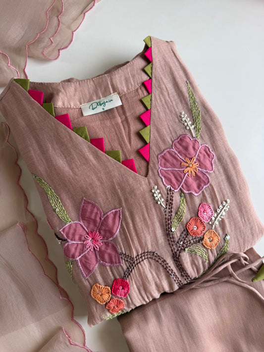 K701 - Mul chanderi embroidered Aline Kurti with pants and dupatta
