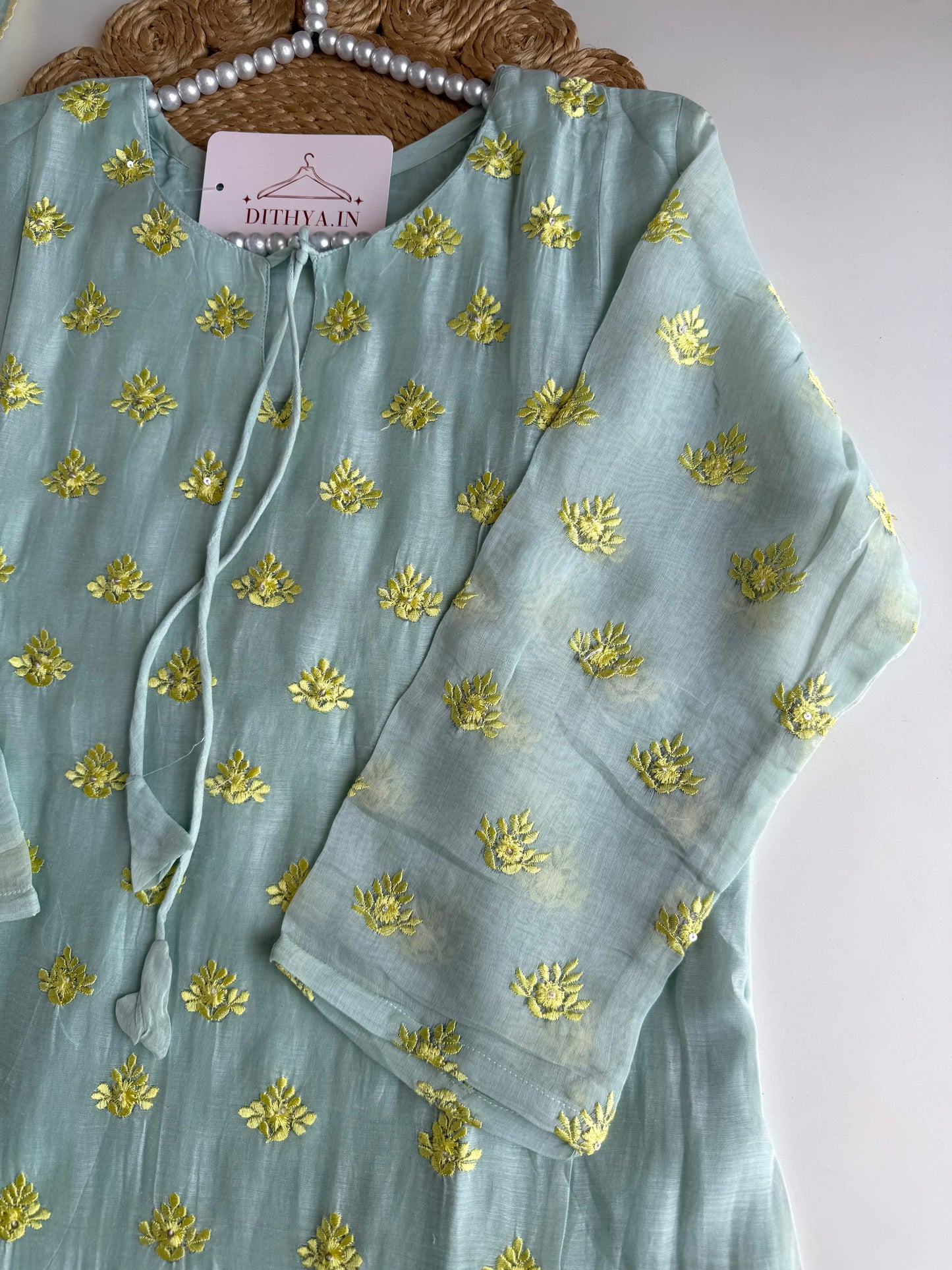 K679 - Mul chanderi embroidered Aline Kurti with pants and dupatta