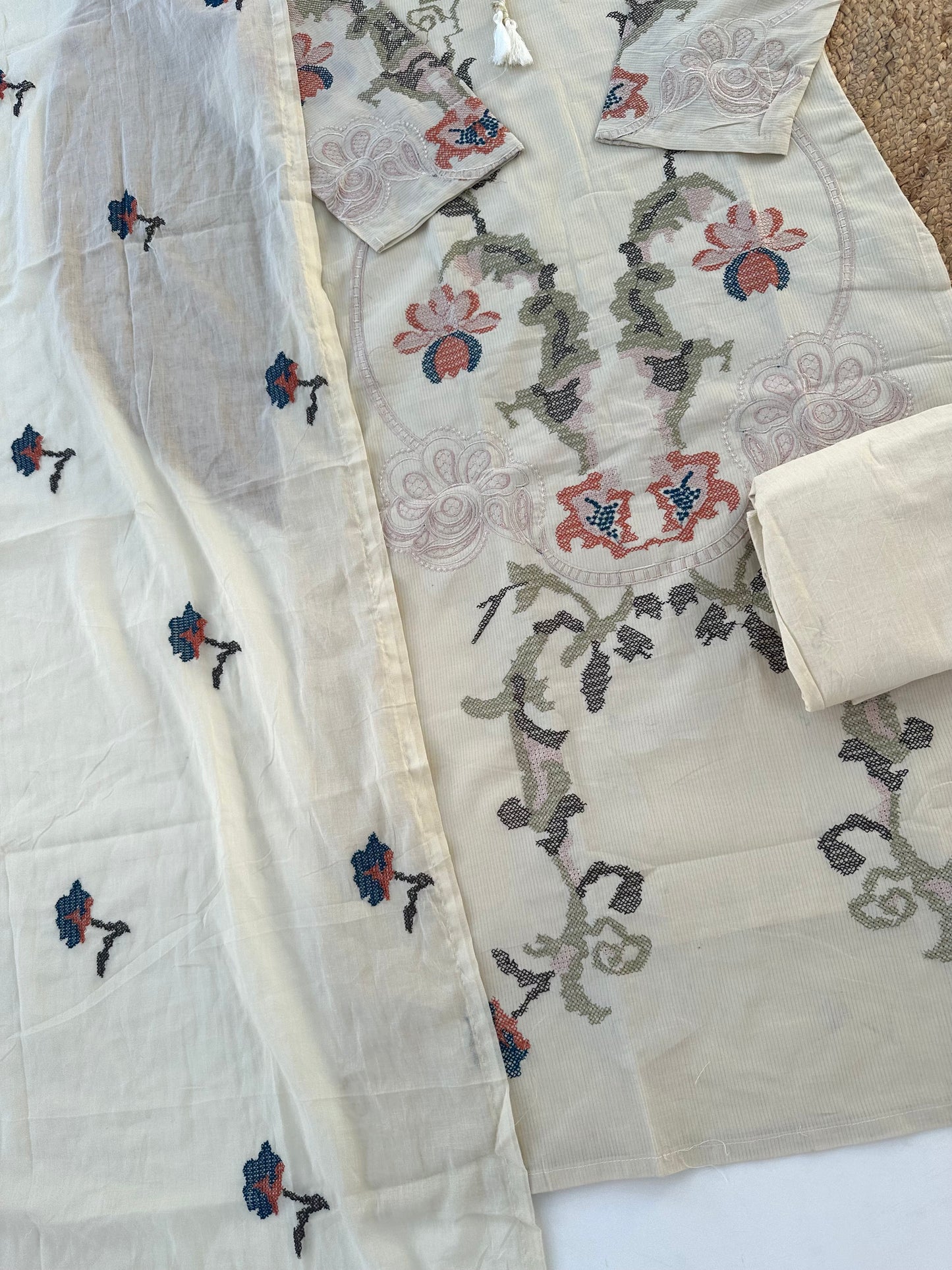K658 - Mul cotton cross stitch straight Kurti with pants and dupatta