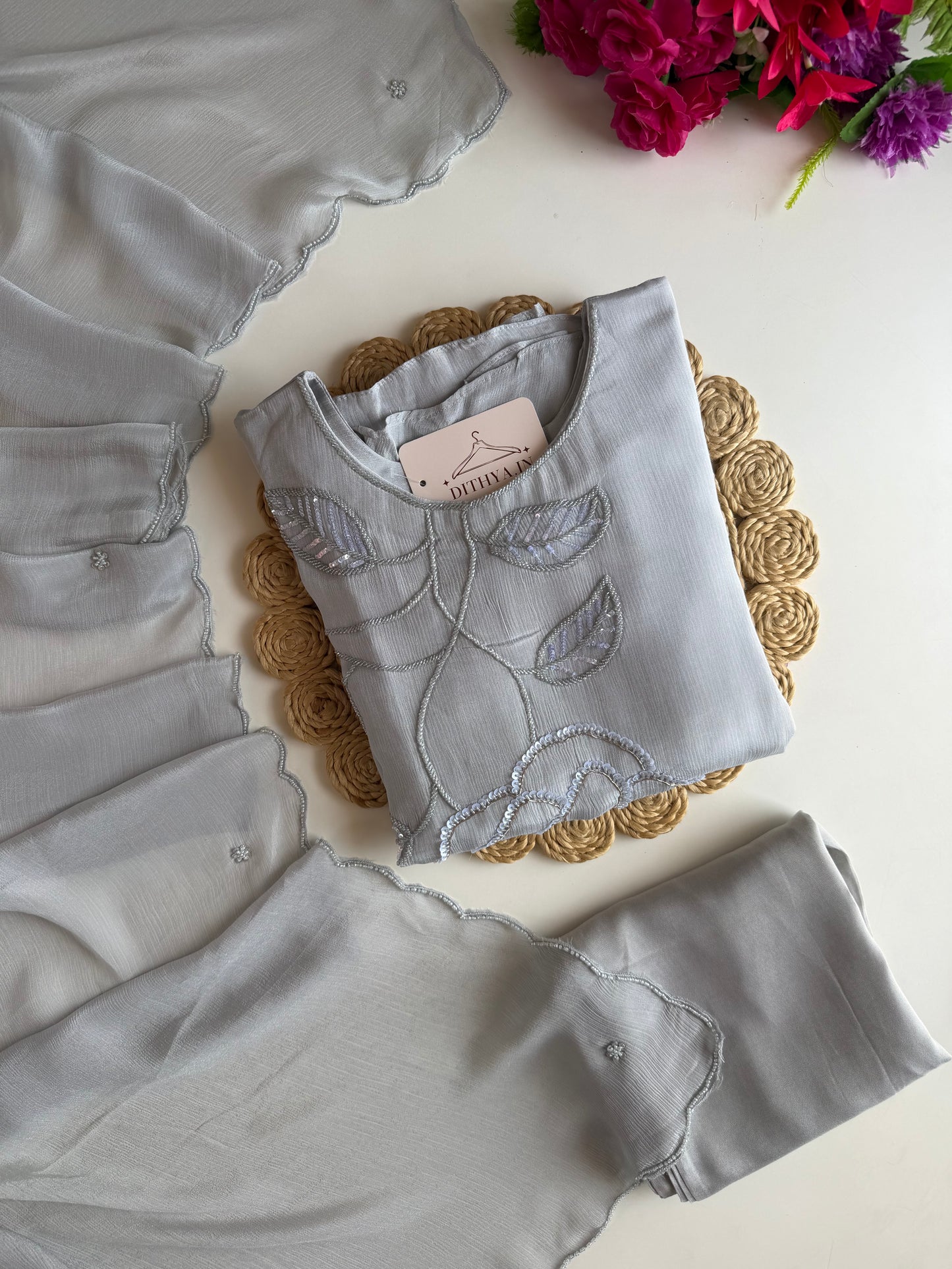 K244 - Pure Chinnon handwork aline Kurti with pants and dupatta