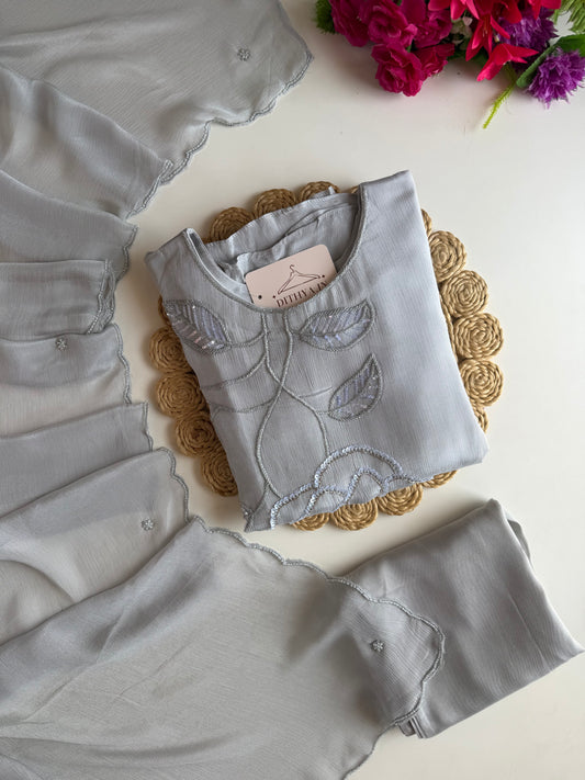 K244 - Pure Chinnon handwork aline Kurti with pants and dupatta