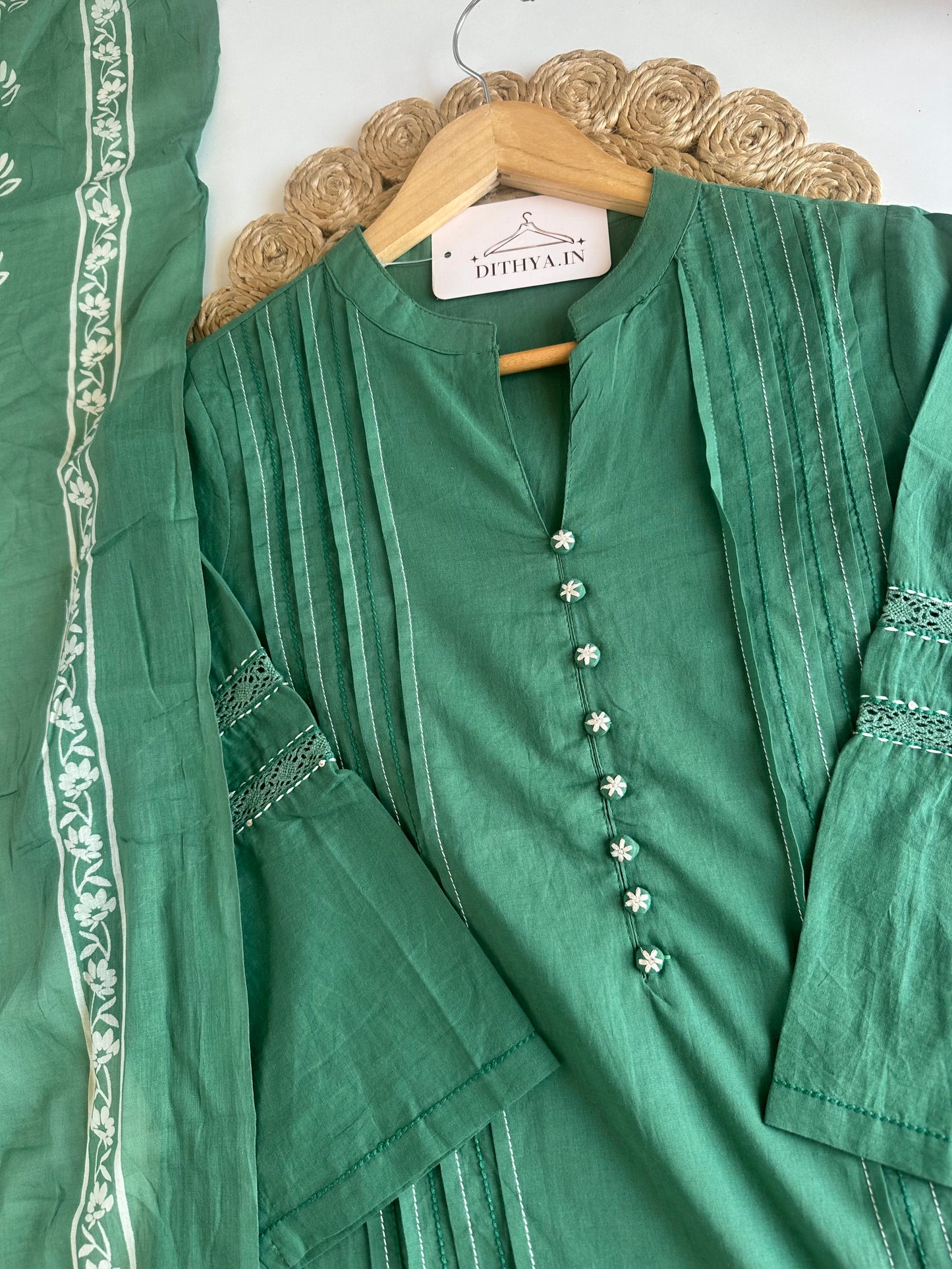 K213 - Mul cotton embroidered Aline Kurti with pants and dupatta