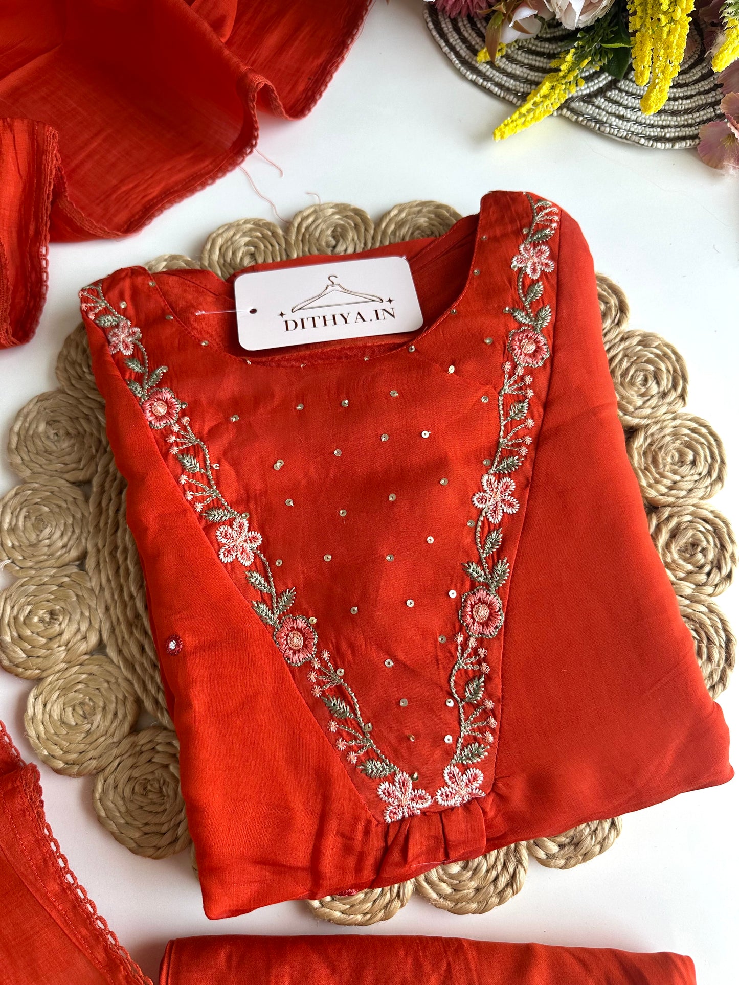K466-Chanderi cotton Aline Kurti with pants and dupatta