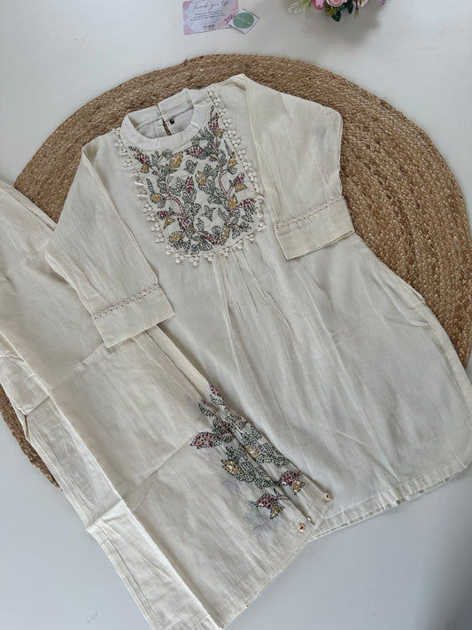 K213 - Linen cotton Embroidered short kurti with palazzo pants .