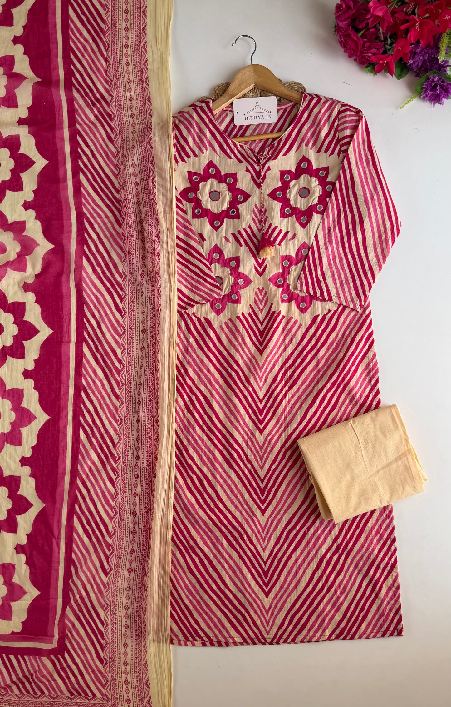 K725 - Mul cotton embroidered straight  Kurti with pants and dupatta