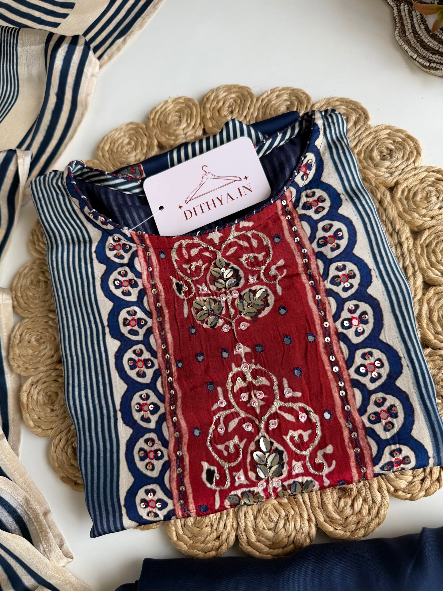 K510 - Pure crape handwork straight Kurti with pants and dupatta